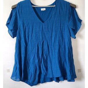 Avenue Overlay V Neck Top Split Flutter Short Sleeves Sz 18/20 Blue
